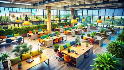 Sleek office interiors with a soft-focus background promote creativity, driving generative AI innovations in an evolving and collaborative business environment.