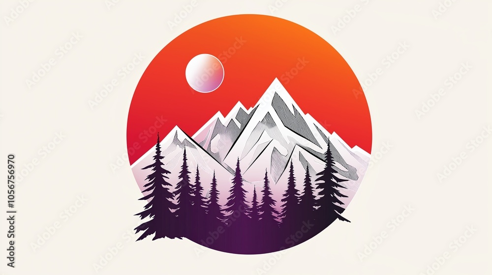 Poster Simple line art of a mountain range in white against a soft gradient background, with minimalist design.
