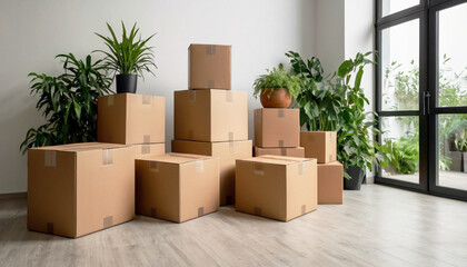 Cardboard closed boxes with things in a modern living room with green plants and white walls. Moving. Delivery.