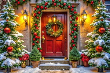 Fototapeta premium **Snowy Christmas Doorway - Festive Home Decor**