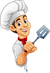 Naklejka premium A chef, barbecue cook or baker cartoon food man mascot character holding a spatula and peeking around a sign or menu board with copy space illustration