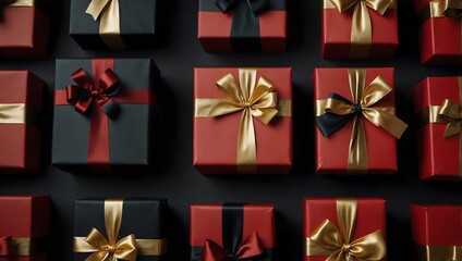 Elegant Red and Black Gift Boxes with Gold Ribbons