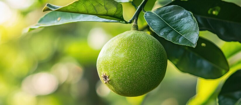 A Green Guava Growing On The Tree Guava Or Goiaba Is A Tropical Fruit Psidium Guajava It Is Not Yet Ripe To Eat Guava Leaf