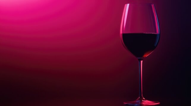Red wine in a glass set against a dark pink and black neon backdrop Ideal for a romantic party wine shop or tasting theme Features hard light and ample copy space