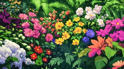 Illustrated PNG of a vivid garden filled with a variety of colorful flowers,