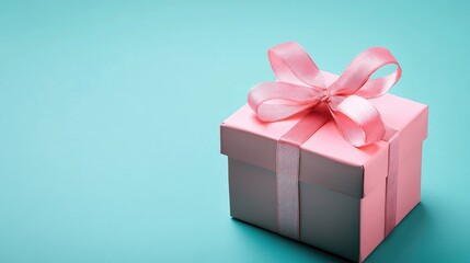 Obraz premium Square pink gift box adorned with a ribbon bow set against a teal blue backdrop