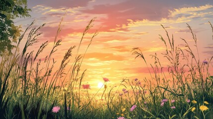 Naklejka premium Illustration of a serene summer meadow, showcasing the interplay