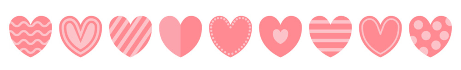 Pink heart icon set line. Cute polka dot, line pattern. Love sign symbol simple template. Happy Valentines day. Greeting card. Decoration element. Flat design. White background. Isolated. Vector