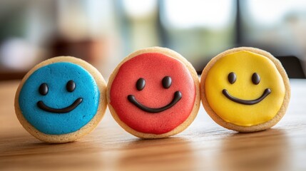 Three cookies featuring cheerful smiley faces