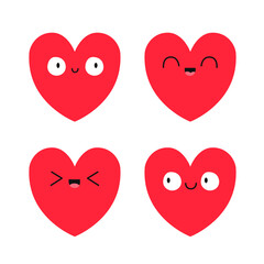 Red heart emoji icon set. Hearts with eyes. Smiling happy face head. Happy Valentines Day. Cute kawaii cartoon funny character. Love sign symbol. Greeting card. Flat design. White background. Vector