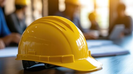 Yellow safety helmet on a desk with a team of engineers or inspectors reviewing a project contract in the background emphasizing engineering and construction themes