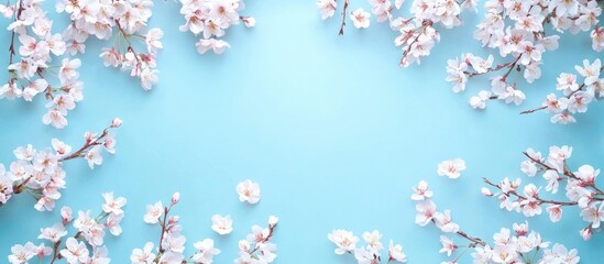 Spring Floral Frame With Blooming Cherry Tree Branches On Pastel Blue Background With Copy Space