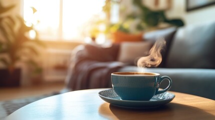 Fototapeta premium Elegant close up of a coffee table featuring a steaming cup of coffee set against a cozy living room interior that embodies a relaxed lifestyle