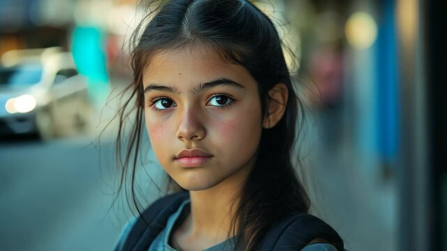 A young girl with dark hair and brown eyes looks intensely at the camera while standing in a city setting