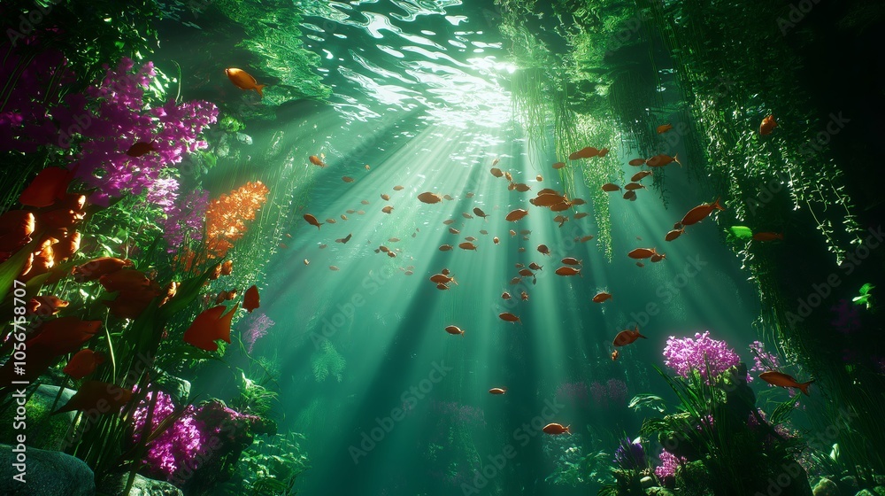 Poster an underwater shot showing a large school of fish swimming in harmony with the sunlight filtering th