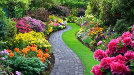 Lovely garden pathway bordered by a variety of bright, flowering plants,