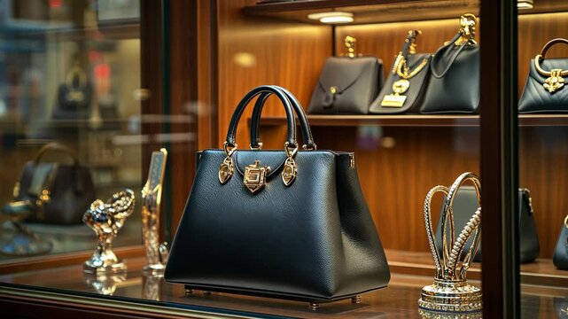 A black leather handbag with gold accents sits on display in a storefront window