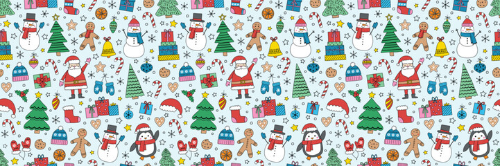 Colourful Christmas pattern with hand drawn decorations. Holiday background design. Vector illustration