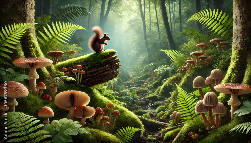 Poster a serene forest scene featuring a squirrel on a log surrounded by lush ferns and mushrooms, illumina