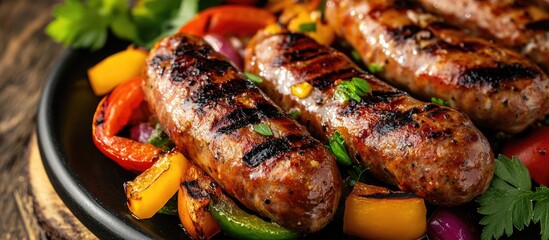 Delicious Grilled Sausages With Vegetables On Plate Closeup