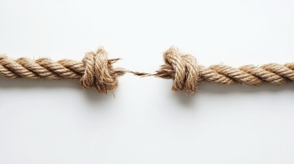Tattered rope nearing its breaking point against a white backdrop