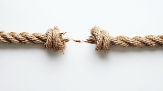 Tattered rope nearing its breaking point against a white backdrop