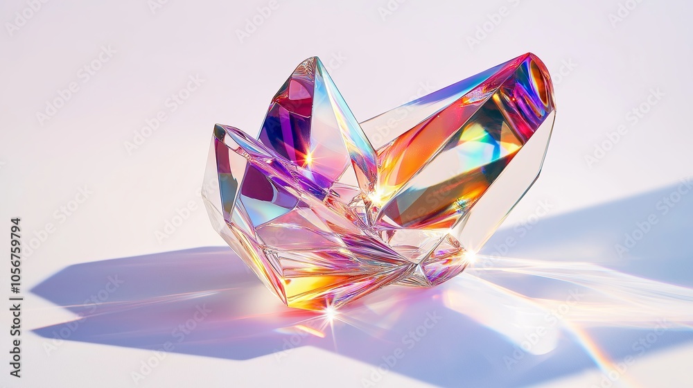 Poster abstract colorful light refractions through a glass prism on a clean white background.