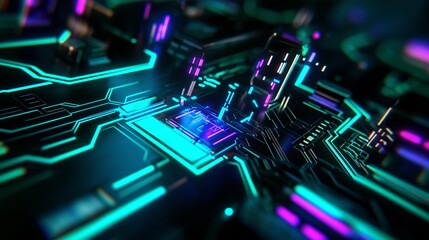 Fototapeta premium An abstract close-up of a digital circuit board with blue and green hues, creating a tech-inspired look