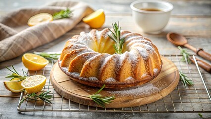 A Freshly Baked Lemon Cake Decorated with Powdered Sugar and Rosemary Sprigs, Presented on a Rustic Wooden Board