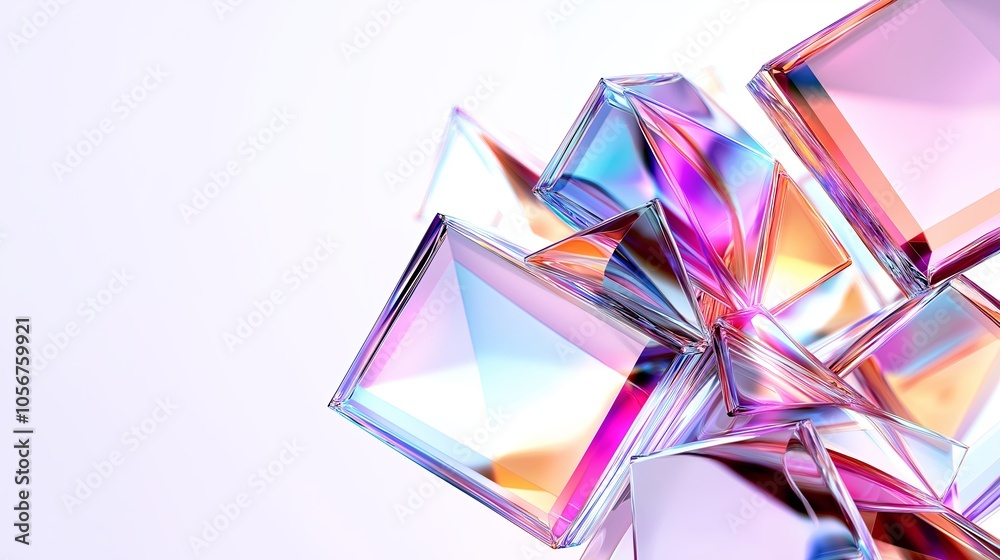 Poster abstract colorful light refractions through a glass prism on a clean white background.