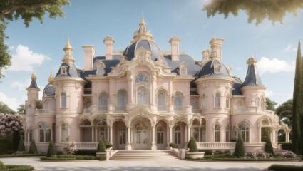 Obraz premium A large, light pink castle-like house with ornate details, turrets, and a grand entrance, surrounded by landscaping.