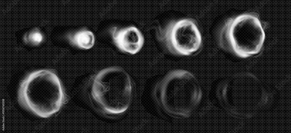 Canvas Prints sequence of white smoke rings from small point into expanding circular formations. realistic 3d vect