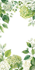 Whimsical floral frame featuring green and white hydrangeas, leaves, and delicate foliage, perfect for invitations or decorative backgrounds