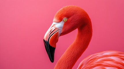 Close up portrait of a vibrant pink flamingo bird set against a solid pink backdrop