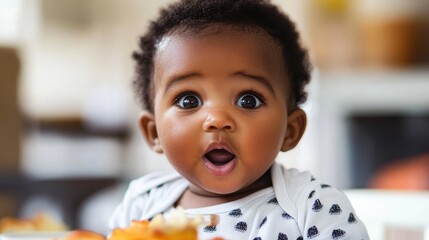 Afro American baby experiencing surprise while enjoying food