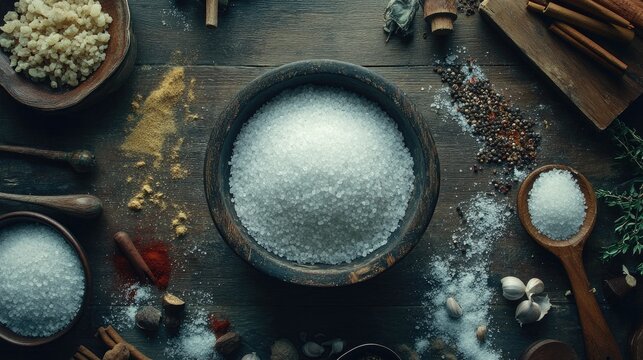 Rustic Kitchen Table with Various Spices and Salt