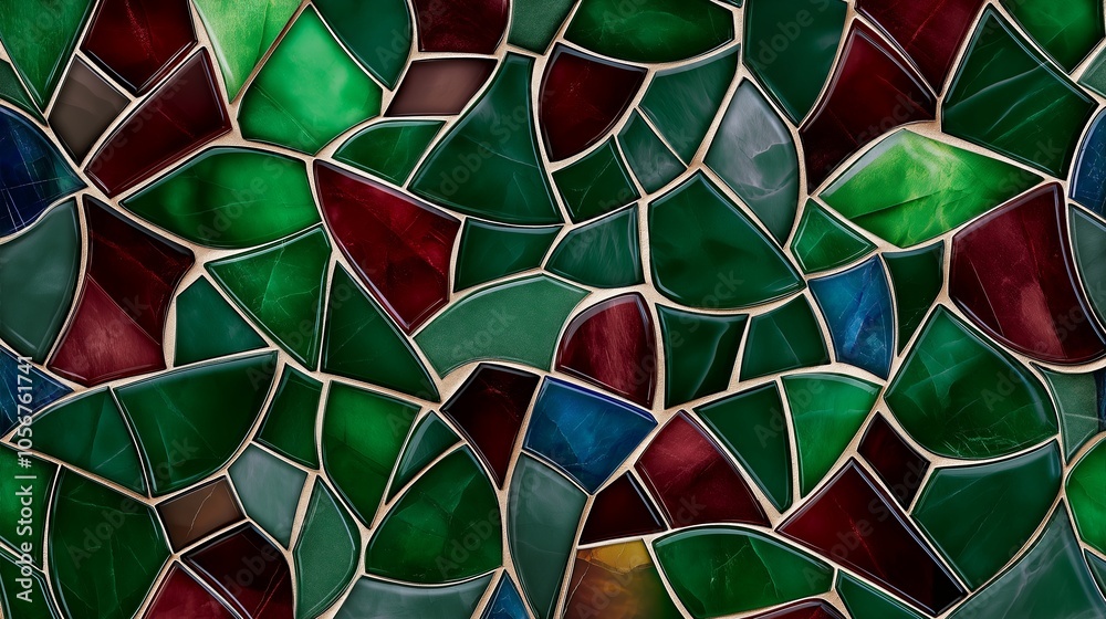 Poster a seamless mosaic pattern with geometric shapes in rich jewel tones like emerald, sapphire, and ruby