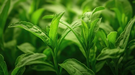 Obraz premium Close up view of Stevia rebaudiana leaves Detailed indoor shot showcasing the unique features of Stevia plant foliage