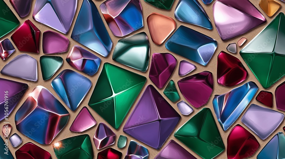 Poster a seamless mosaic pattern with geometric shapes in rich jewel tones like emerald, sapphire, and ruby