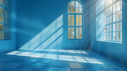Obraz premium Blue Room with Windows and Sunlight 3D Illustration
