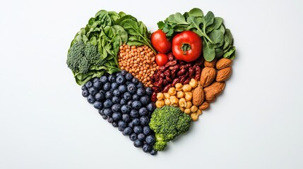 Heart shaped arrangement of vegetable protein sources displayed on a white background