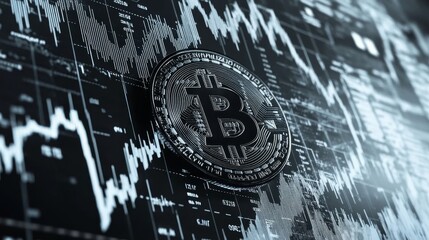 A close-up of a Bitcoin overlaying a financial graph, symbolizing cryptocurrency trading and market trends in the digital financial landscape.