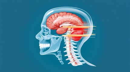 A side view illustration of a human head highlighting the brain and spinal cord, showcasing neurological connections and activity.