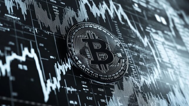A close-up of a Bitcoin overlaying a financial graph, symbolizing cryptocurrency trading and market trends in the digital financial landscape.