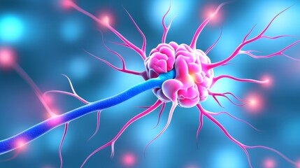 Description:
A vibrant depiction of a neuron showcasing its structure with branching dendrites and a long axon, emphasizing the complexity of neural connections.