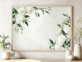 beautiful floral frame featuring soft green leaves and white roses, perfect for adding touch of elegance to any space