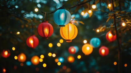 Colorful Paper Lanterns Hanging from Tree Branches at Night