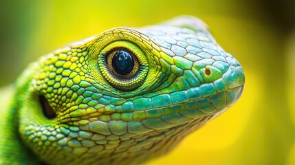 Vibrant close up portrait of a green lizard