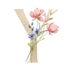 Monogram Y, gold floral letter with watercolor flowers and leaf. Golden letterhead, initial perfectly for logo, wedding invitation, greeting card, poster. Holiday digital design hand drawing.