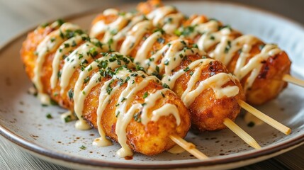 Korean style corn dog topped with mayonnaise and sauce on a plate